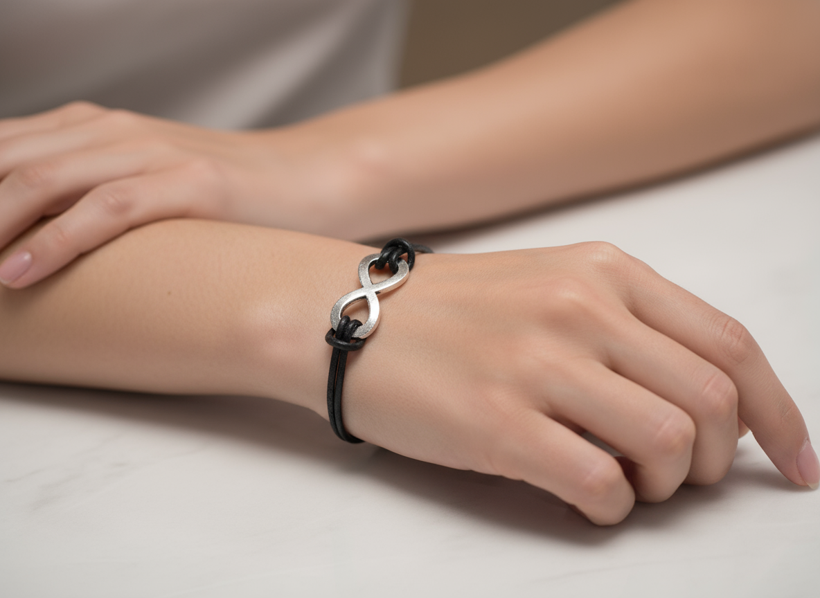 Green mother-of-pearl and brown leather bracelet for women