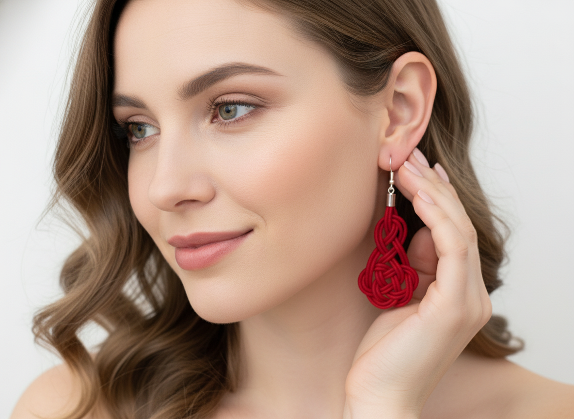 Pendientes celtas largos de cuero y acero con nudos de macramé