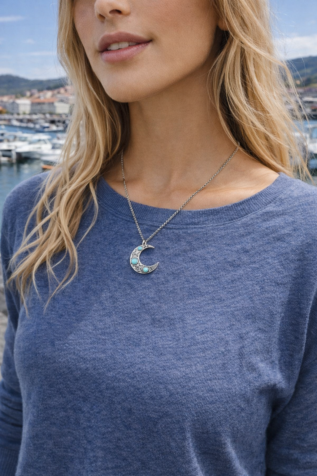 ras-de-cou minimaliste en forme de lune avec turquoise