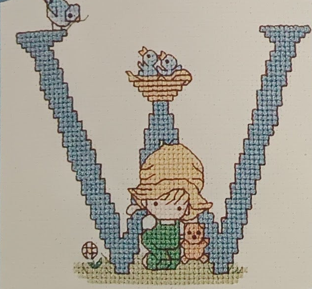 Graphic and pattern of the complete alphabet of 52 cross-stitch letters with designs for boys and girls