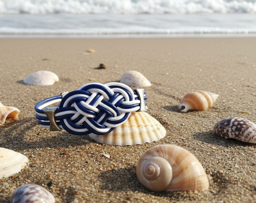 Pulsera con nudo marinero en cuero azul y blanco