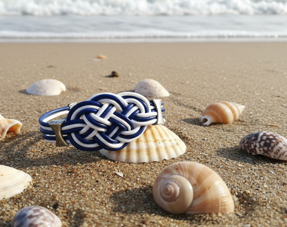 Pulsera con nudo marinero en cuero azul y blanco
