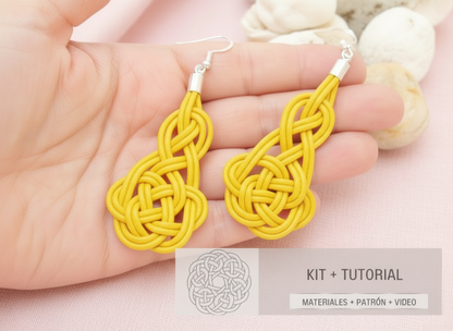 Kit avec tutoriel et matériel pour boucles d'oreilles macramé cuir et argent.