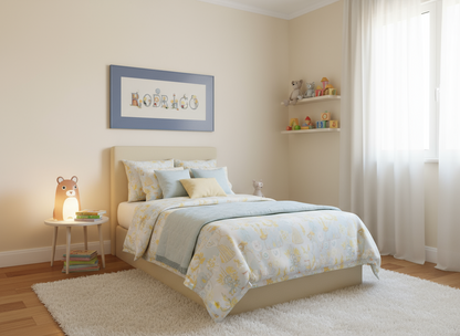 Graphic and pattern of the complete alphabet of 52 cross-stitch letters with designs for boys and girls