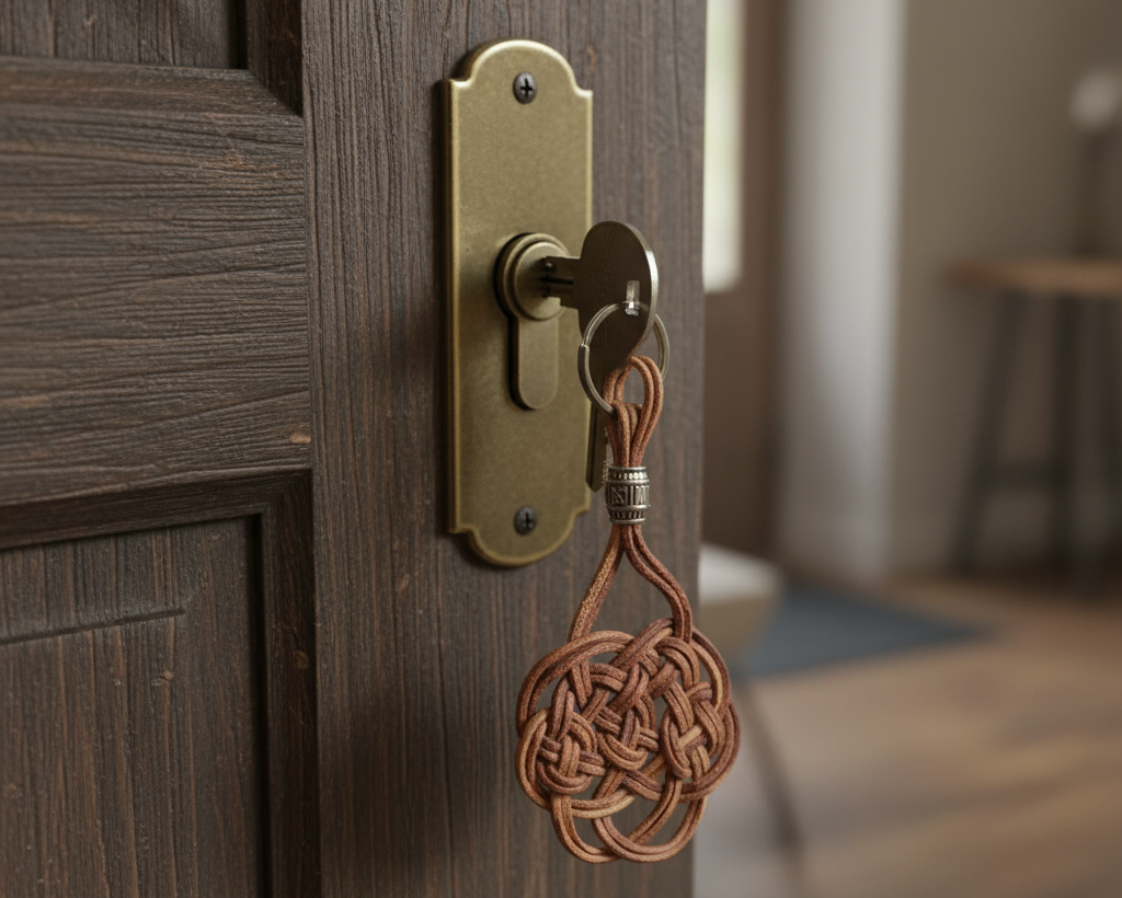 llavero  nudo macrame cuero crudo. Raquel Jiménez Artesania