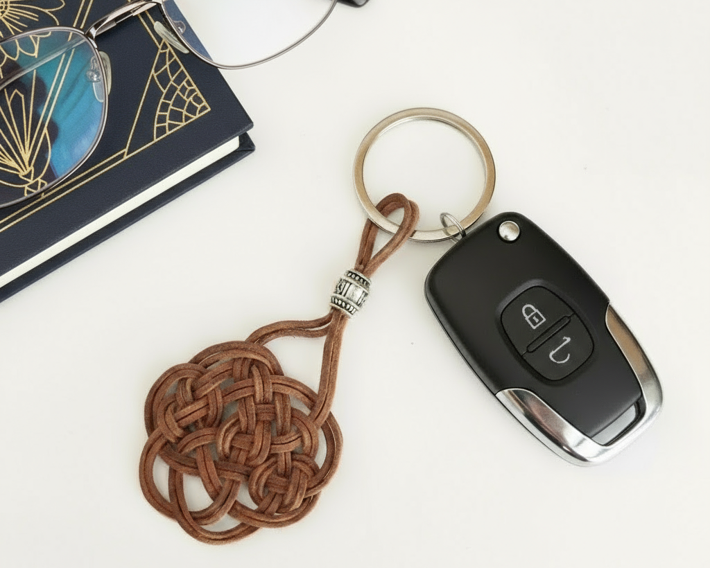 llavero  nudo macrame cuero crudo. Raquel Jiménez Artesania