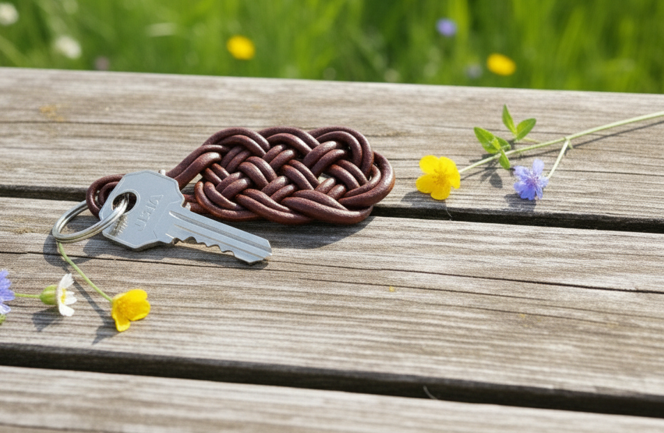 llavero de cuero con nudo celta de la prosperidad