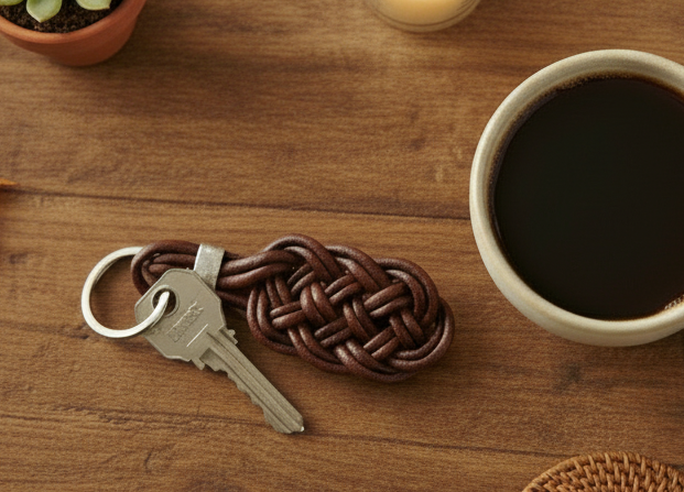 llavero de cuero con nudo celta de la prosperidad