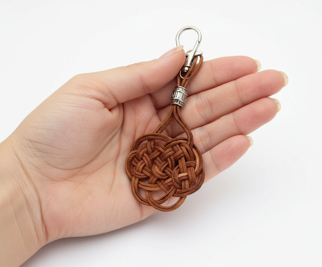 llavero  nudo macrame cuero crudo. Raquel Jiménez Artesania