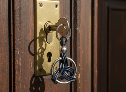 Porte-clés symbole celtique à cliquet en cuir et acier