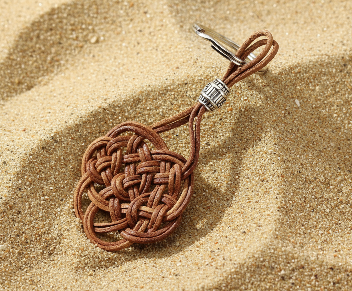 llavero  nudo macrame cuero crudo. Raquel Jiménez Artesania