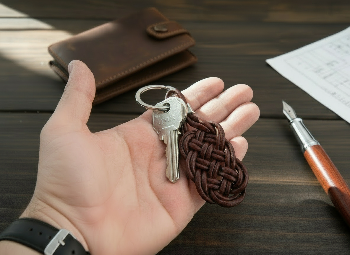 llavero de cuero con nudo celta de la prosperidad