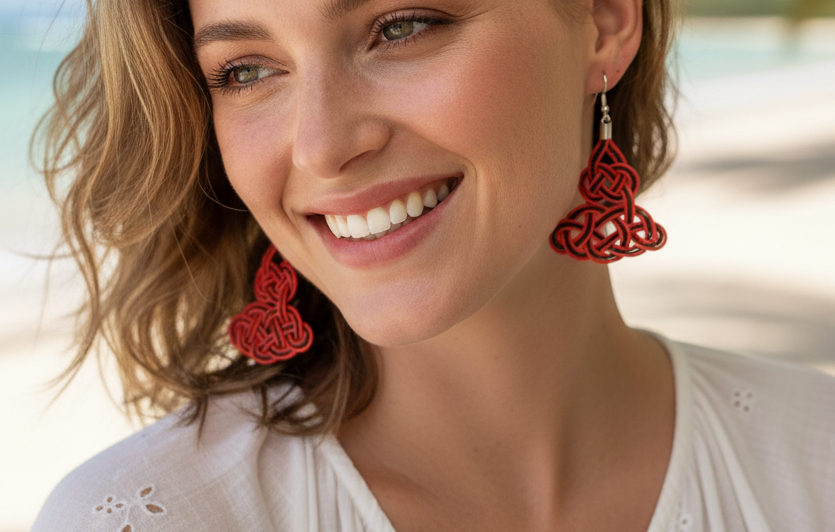 pendientes macrame rojo y negro