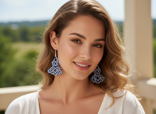 Pendientes nudo marinero azul y blanco con ganchos de pata de ley