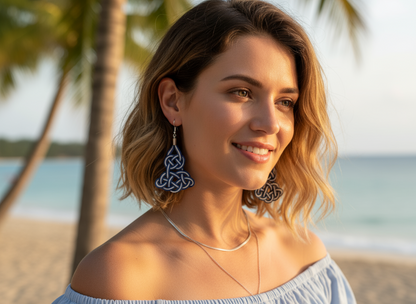 Blue and white sailor knot earrings with sterling paw hooks