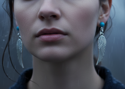 Pendientes largos con adorno en forma de alas y bolas color turquesa. Los pendientes son muy románticos con su adorno de alas de ángel, llevan cierre de mariposa a presión.