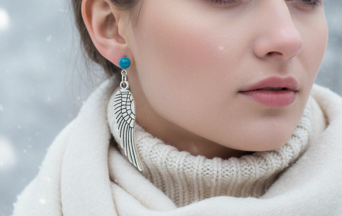 Pendientes largos con adorno en forma de alas y bolas color turquesa. Los pendientes son muy románticos con su adorno de alas de ángel, llevan cierre de mariposa a presión.