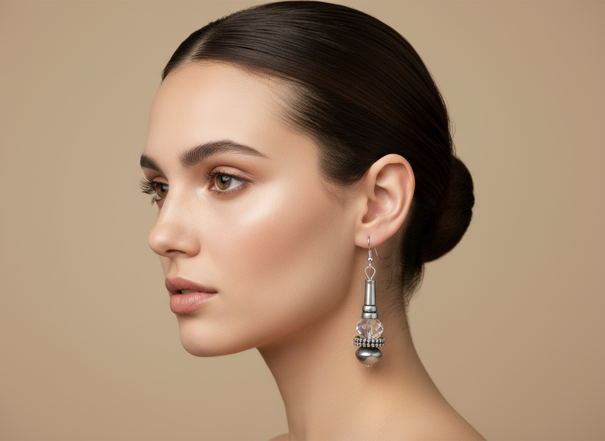 Pendientes largos en color plata vieja, adornados con bola de cristal facetada