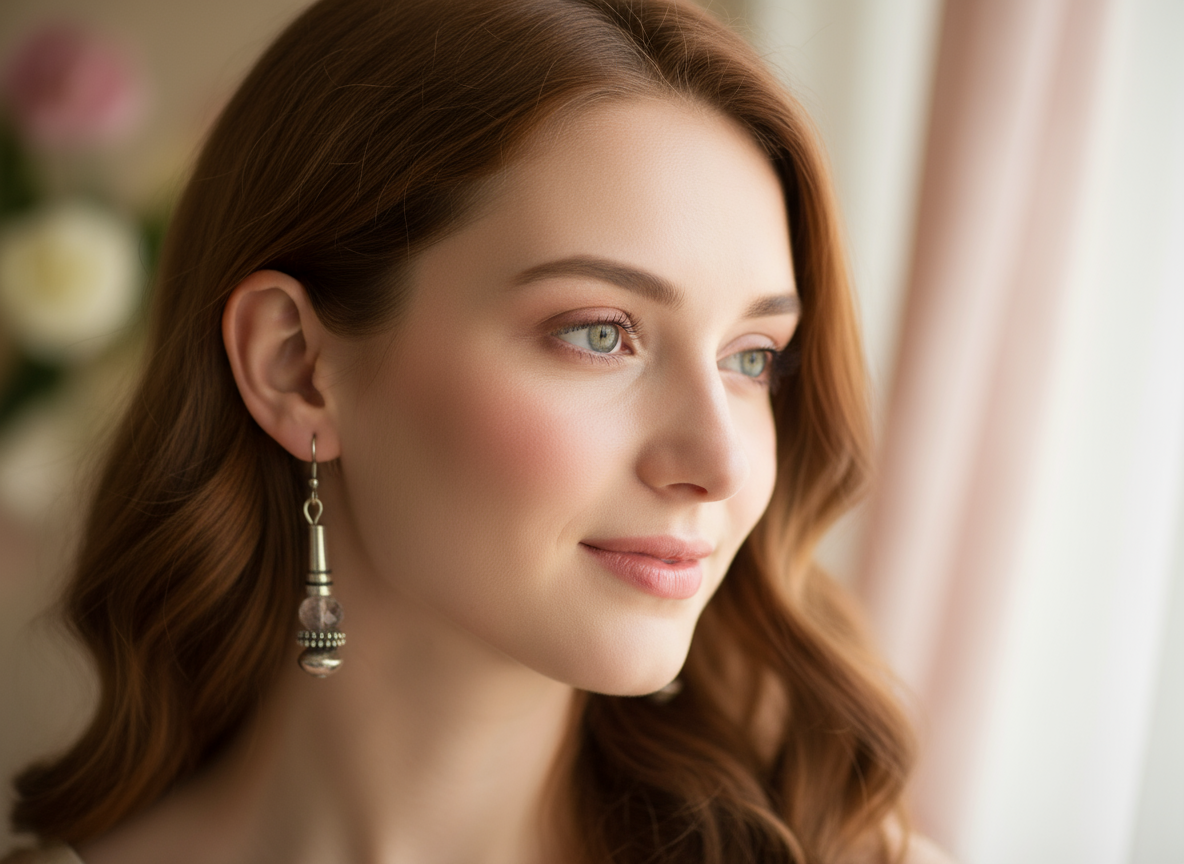 Pendientes largos en color plata vieja, adornados con bola de cristal facetada