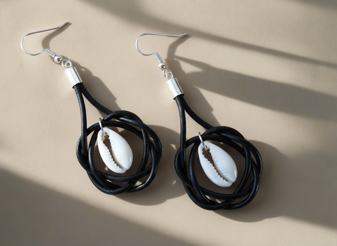 pendientes cuero y caracolas