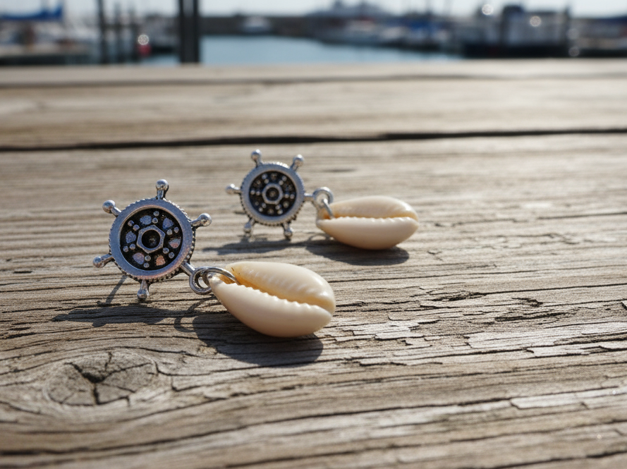 Boucle d'oreille avec coquillage et gouvernail