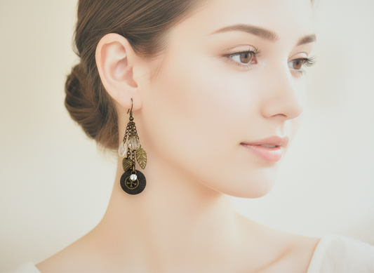 Boucle d'oreille en cristal et bronze avec coeur style bohème.
