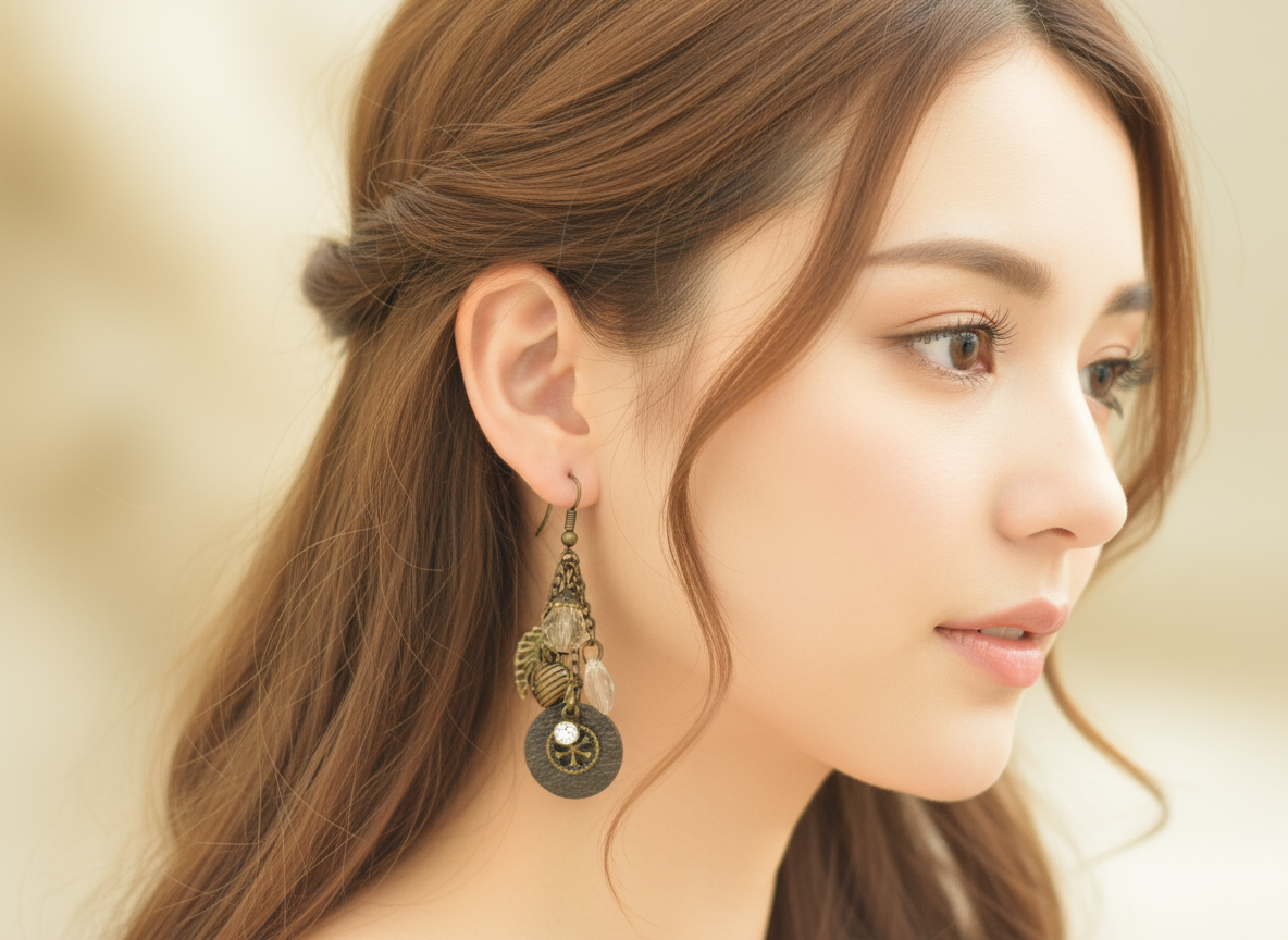 Boucle d'oreille en cristal et bronze avec coeur style bohème.