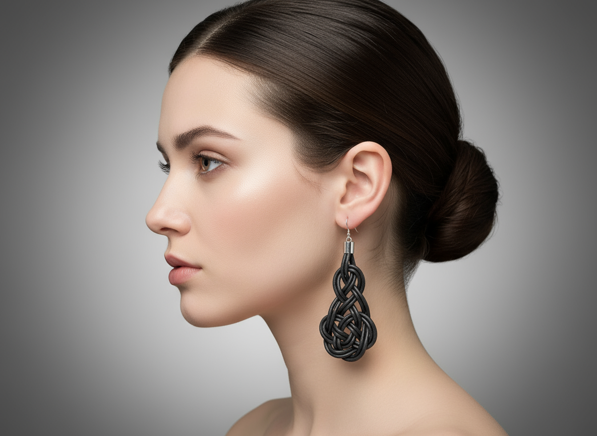 Boucles d'oreilles longues celtiques en cuir et acier avec noeuds macramé