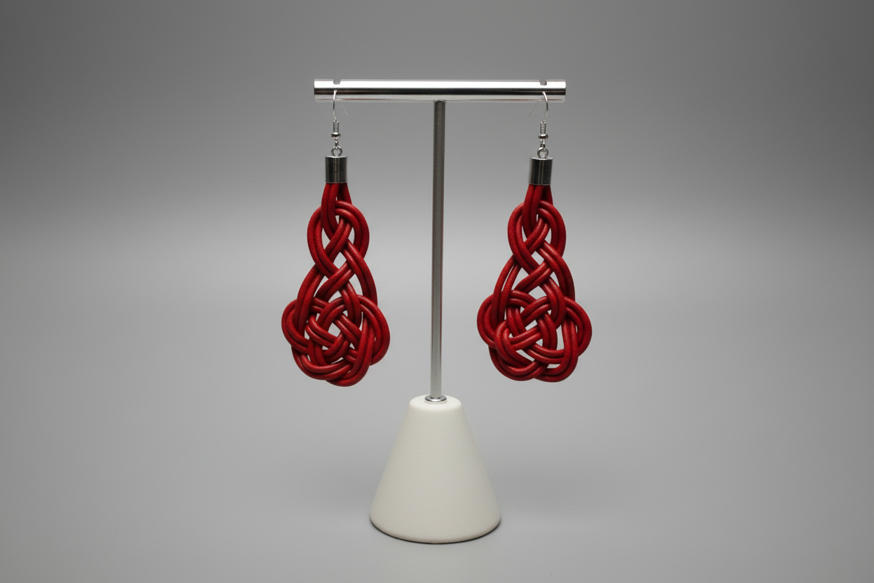 Pendientes celtas largos de cuero y acero con nudos de macramé