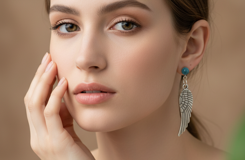 Pendientes largos con adorno en forma de alas y bolas color turquesa. Los pendientes son muy románticos con su adorno de alas de ángel, llevan cierre de mariposa a presión.