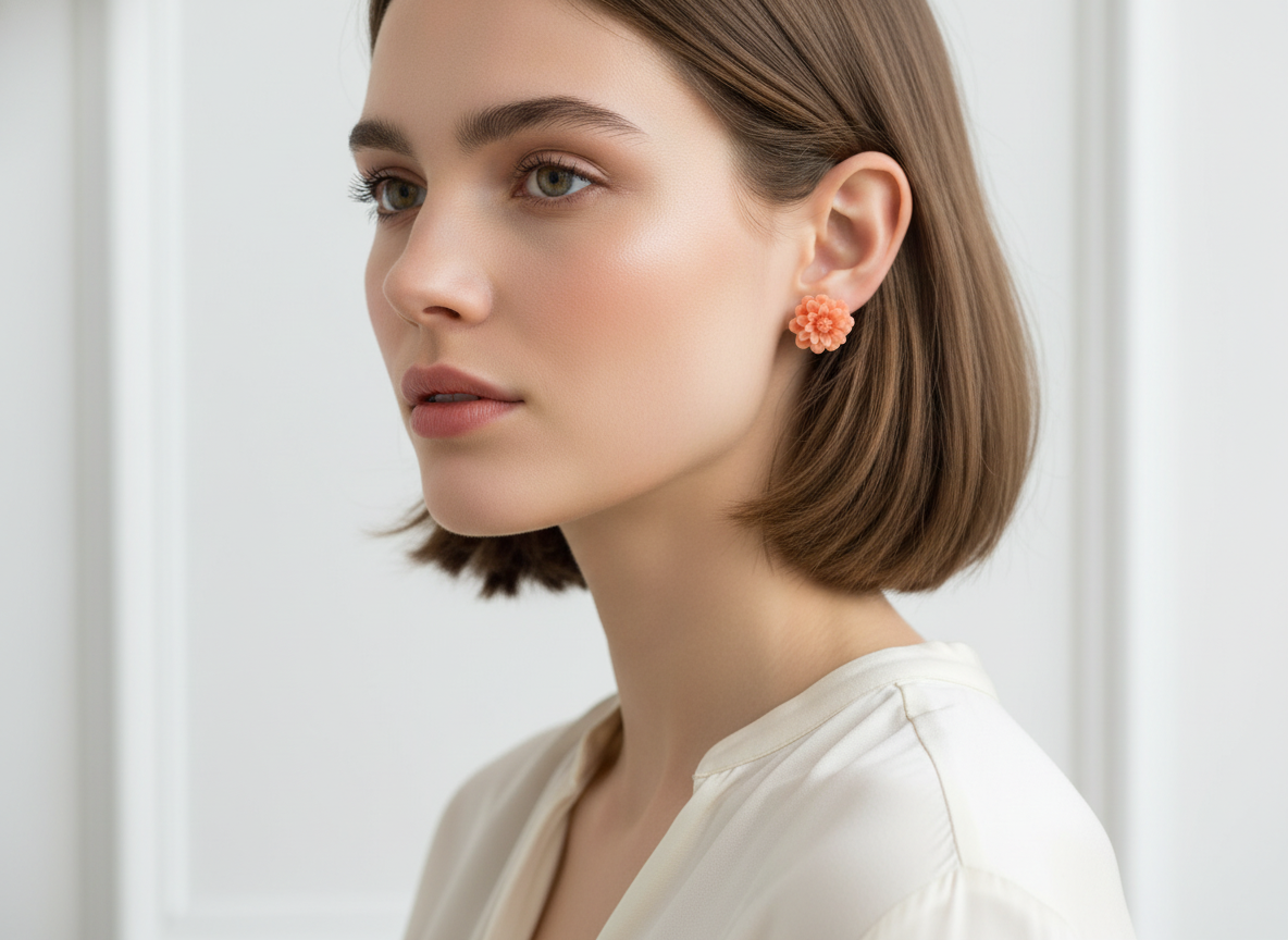 Button earrings in the shape of flowers, roses or dahlias