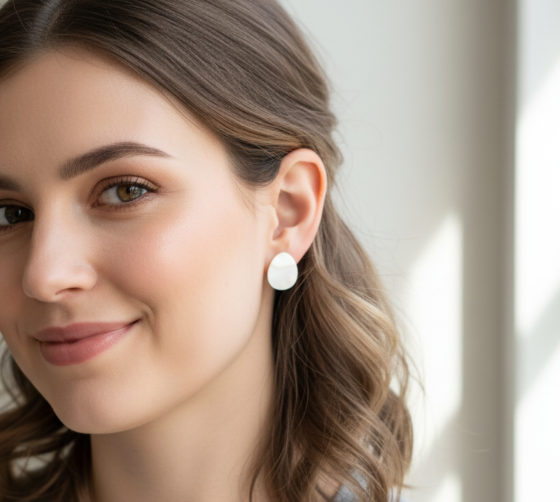 Pendientes tipo botón de nácar natural, son pequeños y discretos con forma de gota o lagrima, son naturales y por lo tanto no son exactamente iguales en&nbsp; color, cualquier diferencia entre ellas no es un fallo es la demostración de que son totalmente naturales.