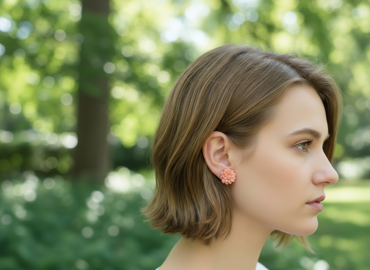 Button earrings in the shape of flowers, roses or dahlias
