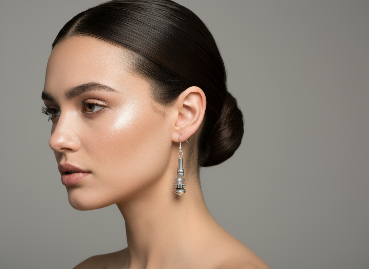 Pendientes largos en color plata vieja, adornados con bola de cristal facetada