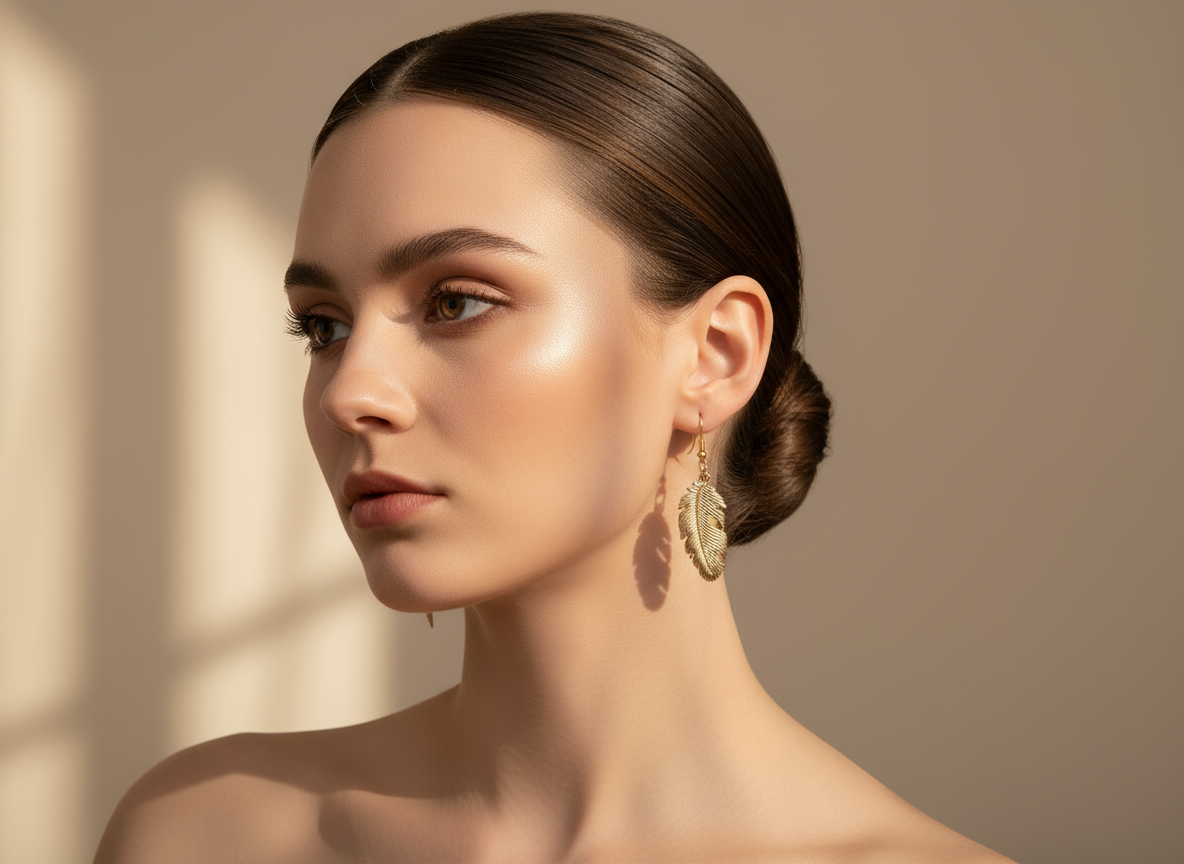 Boucle d'oreille dorée avec feuilles