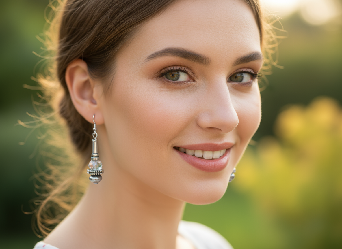 Pendientes largos en color plata vieja, adornados con bola de cristal facetada