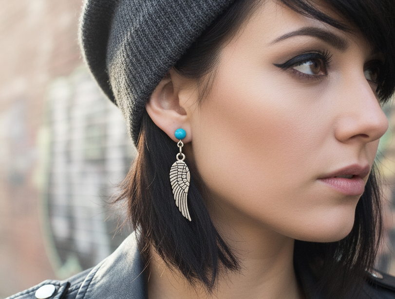 Pendientes largos con adorno en forma de alas y bolas color turquesa. Los pendientes son muy románticos con su adorno de alas de ángel, llevan cierre de mariposa a presión.