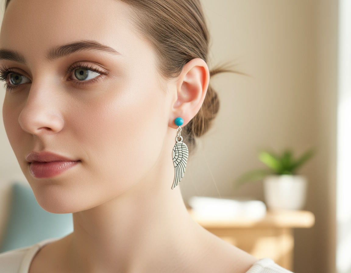 Pendientes largos con alas de ángel color turquesa