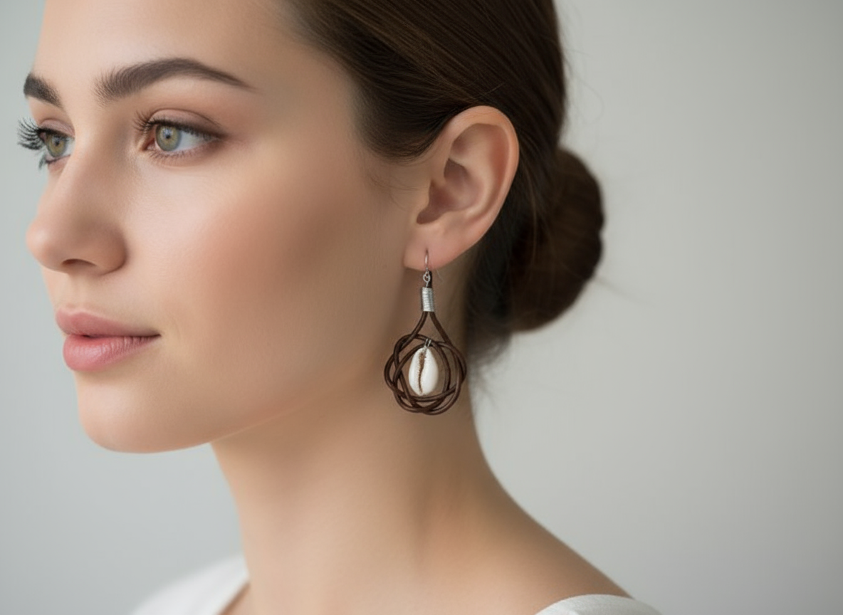 pendientes cuero y caracolas