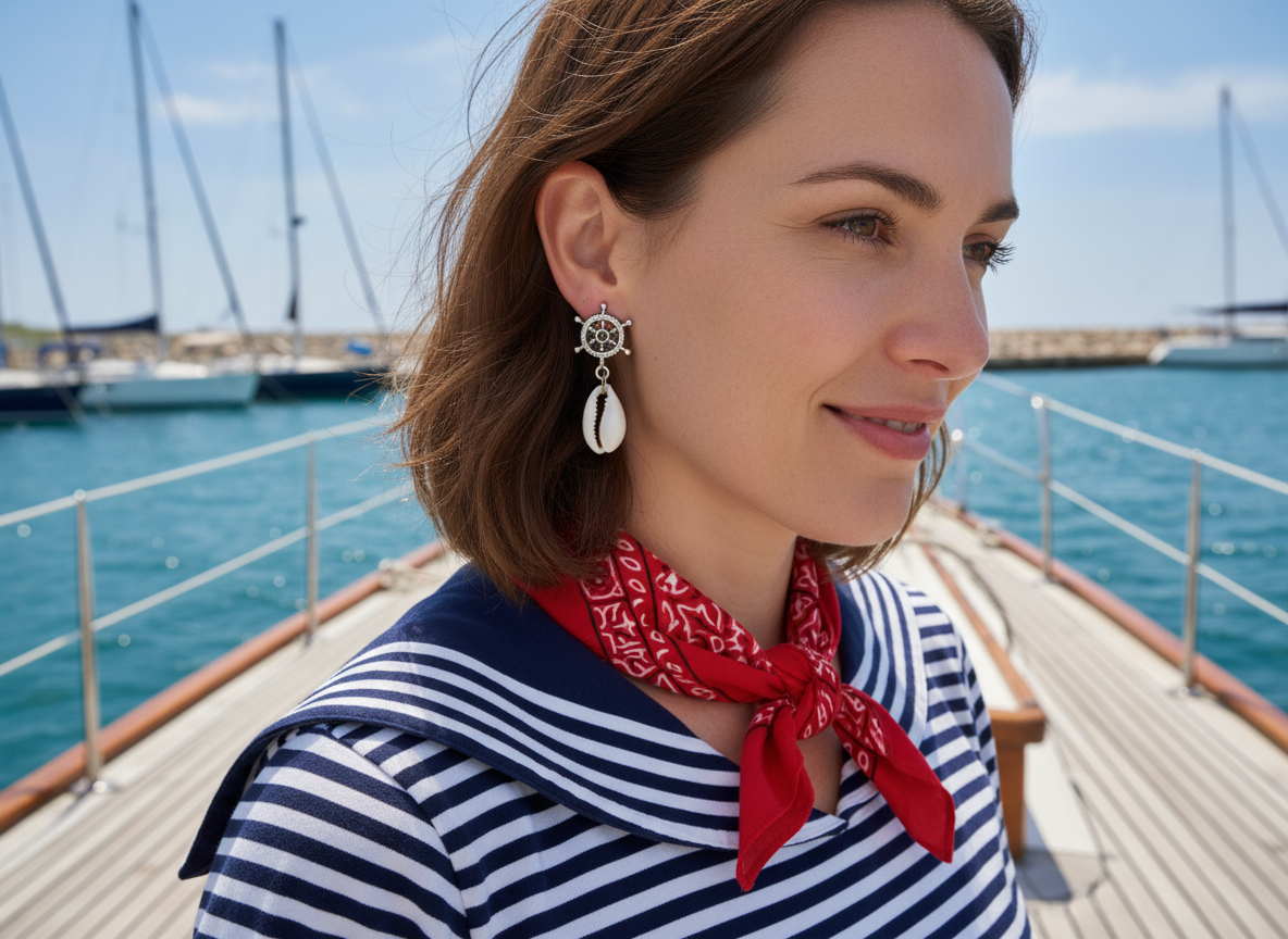 Boucle d'oreille avec coquillage et gouvernail