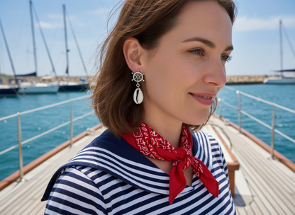 Boucle d'oreille avec coquillage et gouvernail