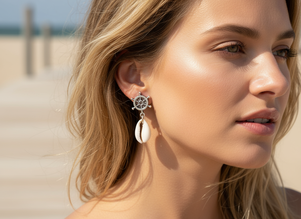 Boucle d'oreille avec coquillage et gouvernail