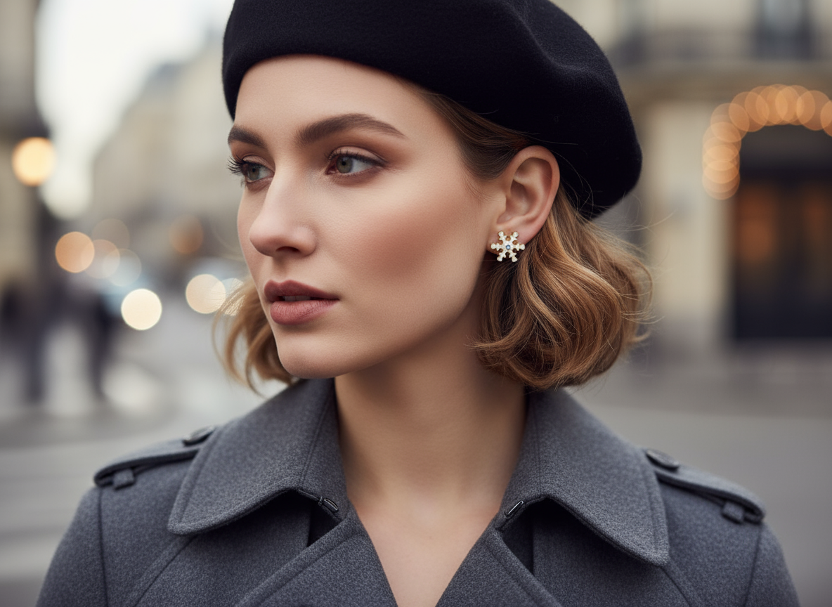 Pendientes de botón con adorno de copo de nieve, con cristal central en tonos azules.