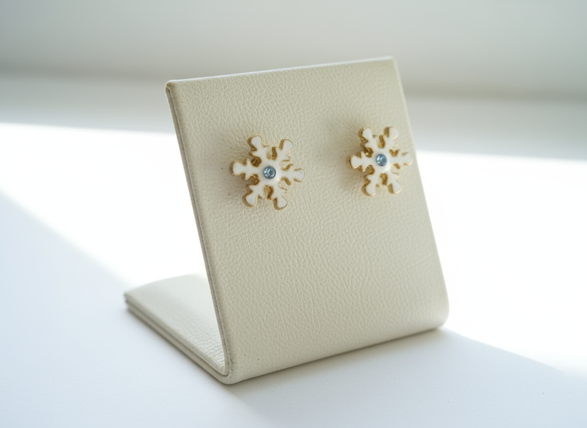 Pendientes de botón con adorno de copo de nieve, con cristal central en tonos azules.