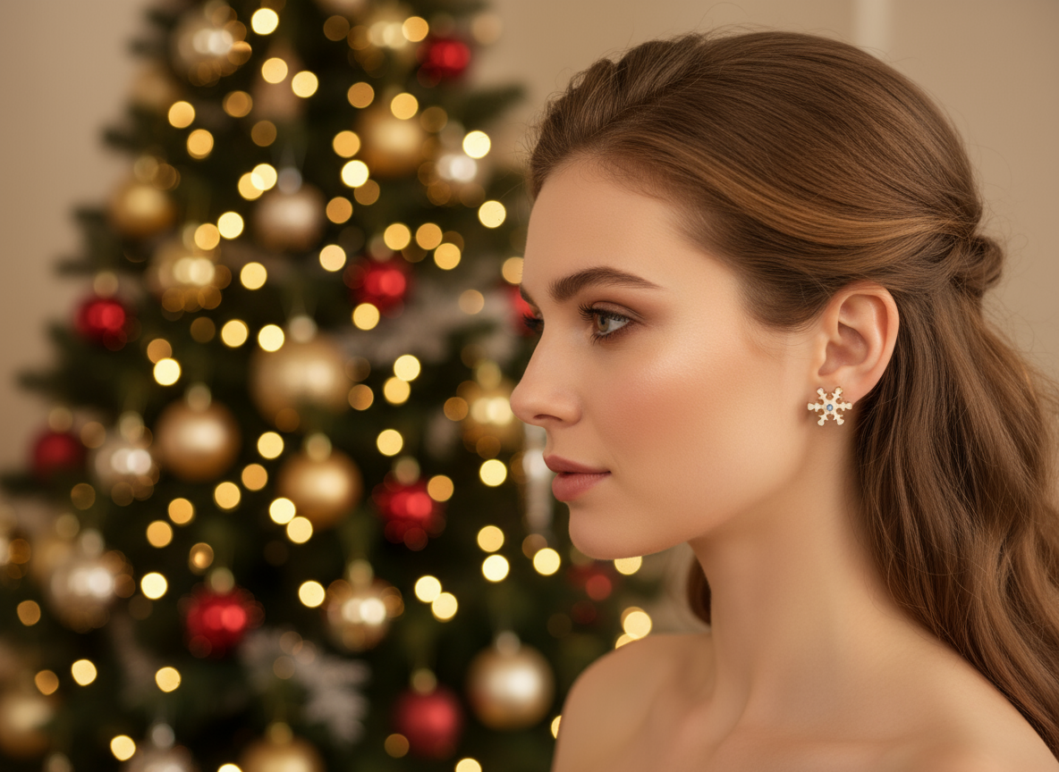 Pendientes de botón con adorno de copo de nieve, con cristal central en tonos azules.