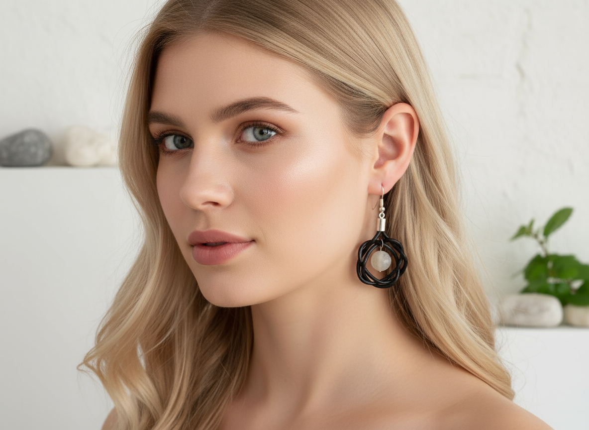 Pendientes ágata blanca y cuero