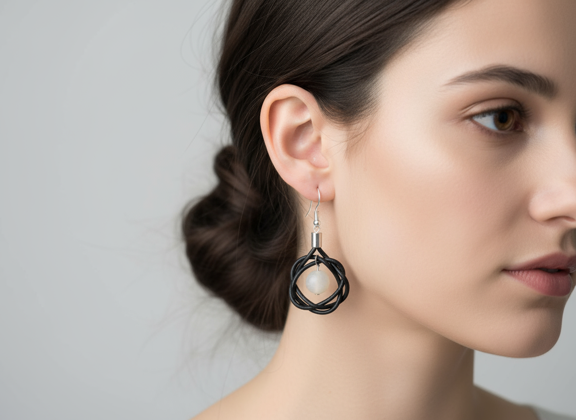 Pendientes con un ágata blanca y circulo de la vida de cuero