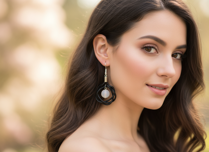 Pendientes con un ágata blanca y circulo de la vida de cuero