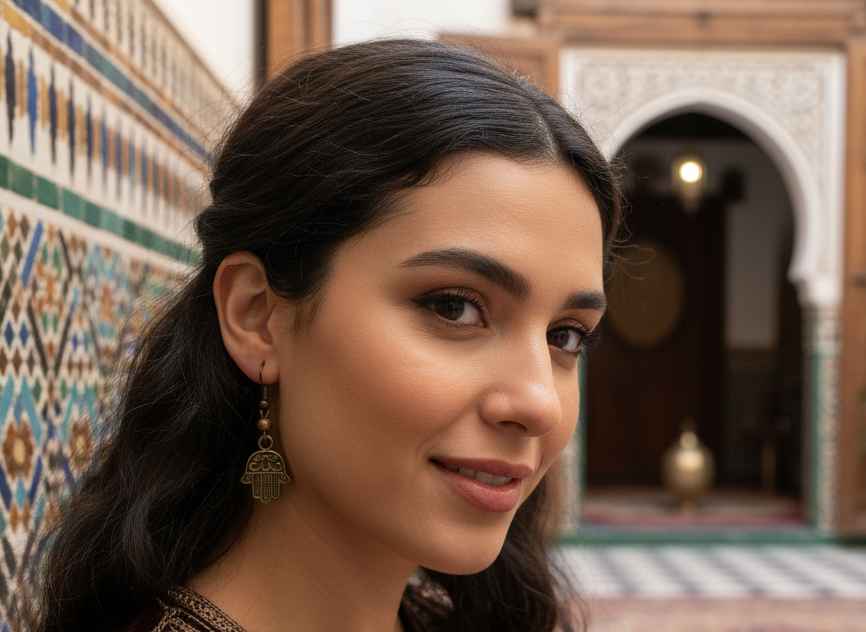 Earrings with hand of Fatima, Hamsa, boho style