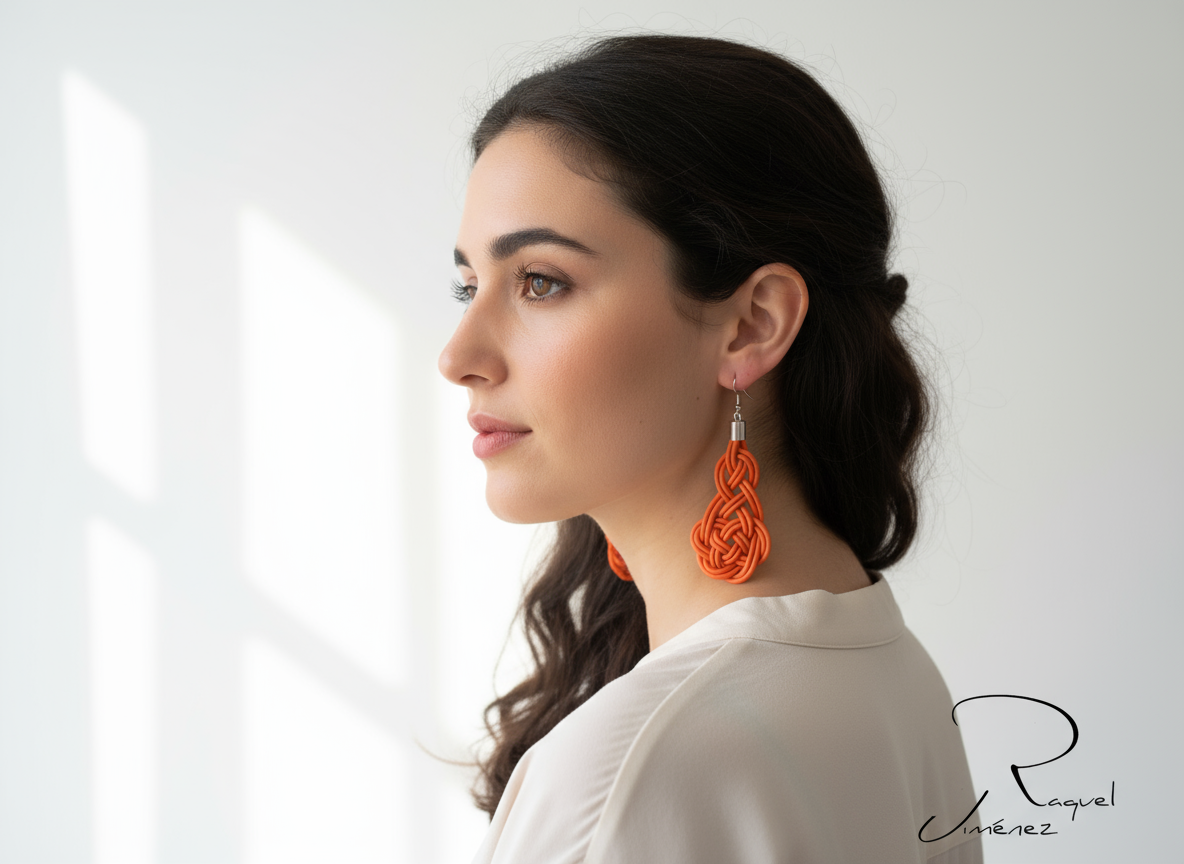 Boucles d'oreilles longues celtiques en cuir et acier avec noeuds macramé